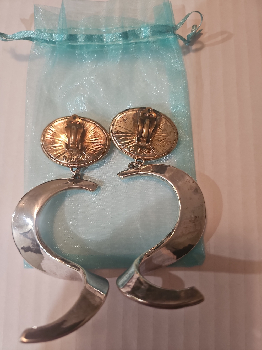Vintage Massive C.D. 925 Sterling Silver Two-Tone Modernist Drop Earrings Taxco